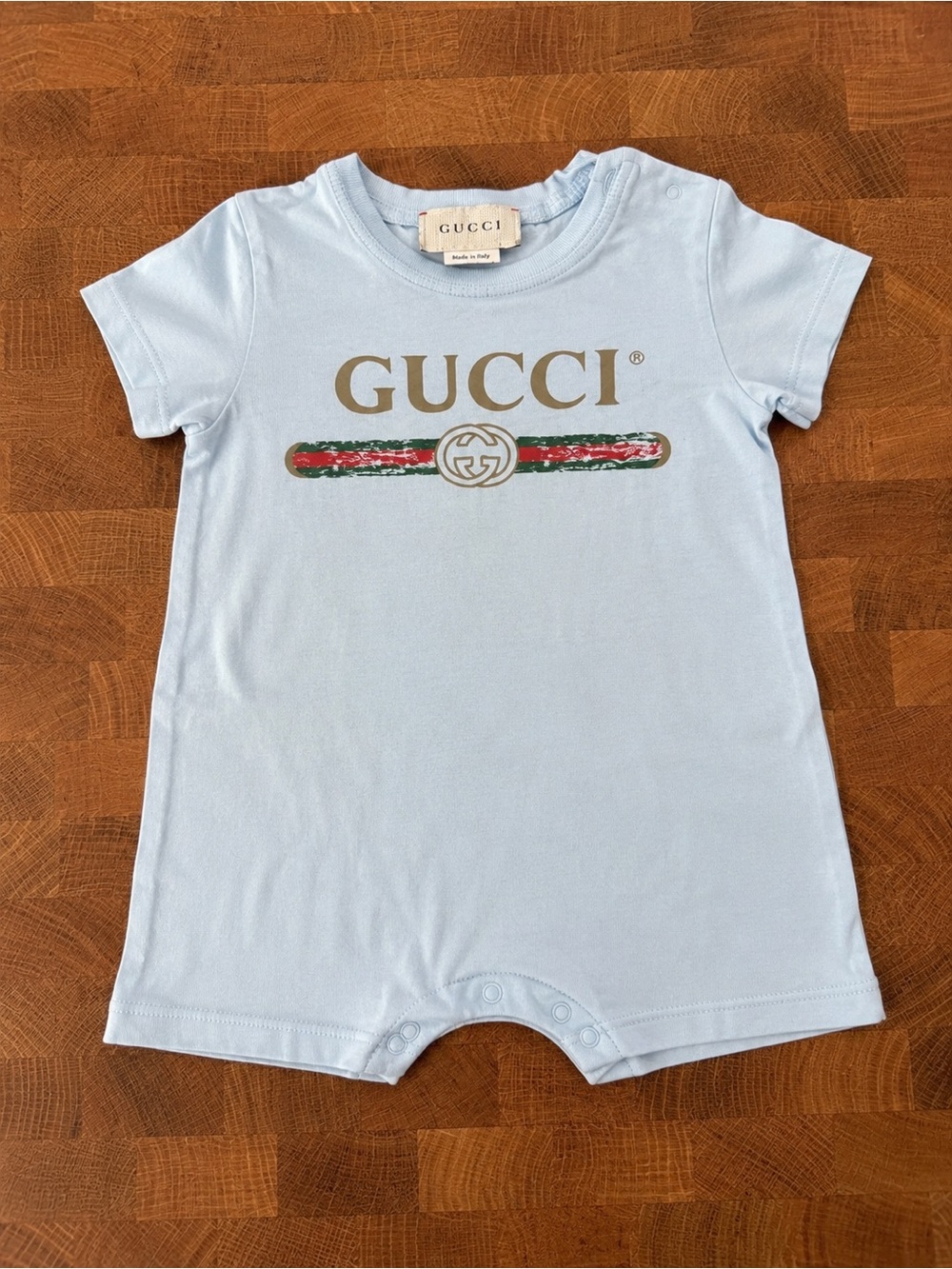 Gucci Baby Logo Romper Onesie Light Blue 6-9M Est Made In Italy